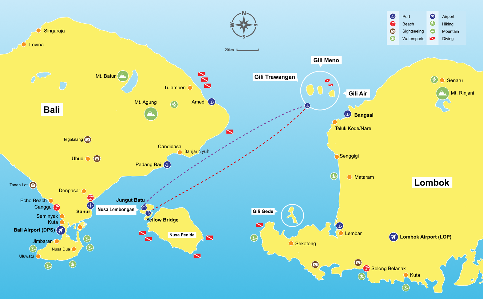 Nusa Lembongan to gili islands map